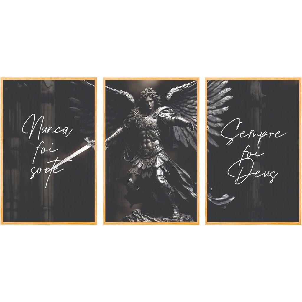 Quadro decorativo religiosos anjos são miguel nunca foi sorte sempre foi Deus decoraçao 3 peças sala quarto Decoraçao