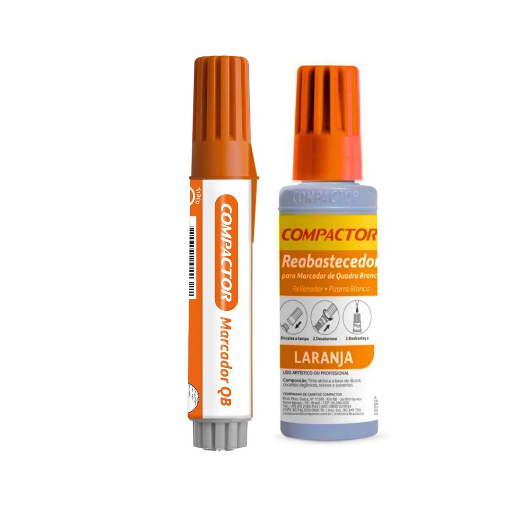 KIT MARCADOR DE QUADRO BRANCO + REFIL REABASTECEDOR COMPACTOR - LARANJA em Oferta na Shopee