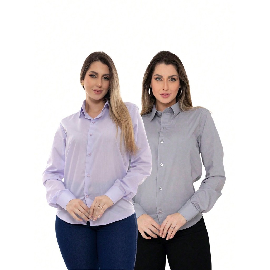 KIT Feminino 2 Peças - Camisa Social Manga Longa Slim Lisa Lilás e Camisa Social Manga Longa Slim Lisa Cinza