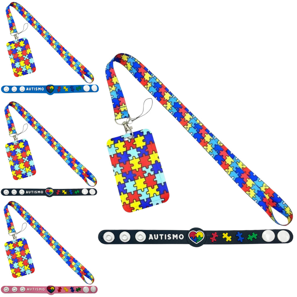 Kit Autismo identificação TEA porta crachá cordão estampado e pulseira autismo 19cm com regulagem kit infantil