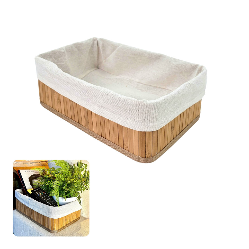 Cesto Organizador Bandeja De Bambu Com Tecido 10x29x19cm