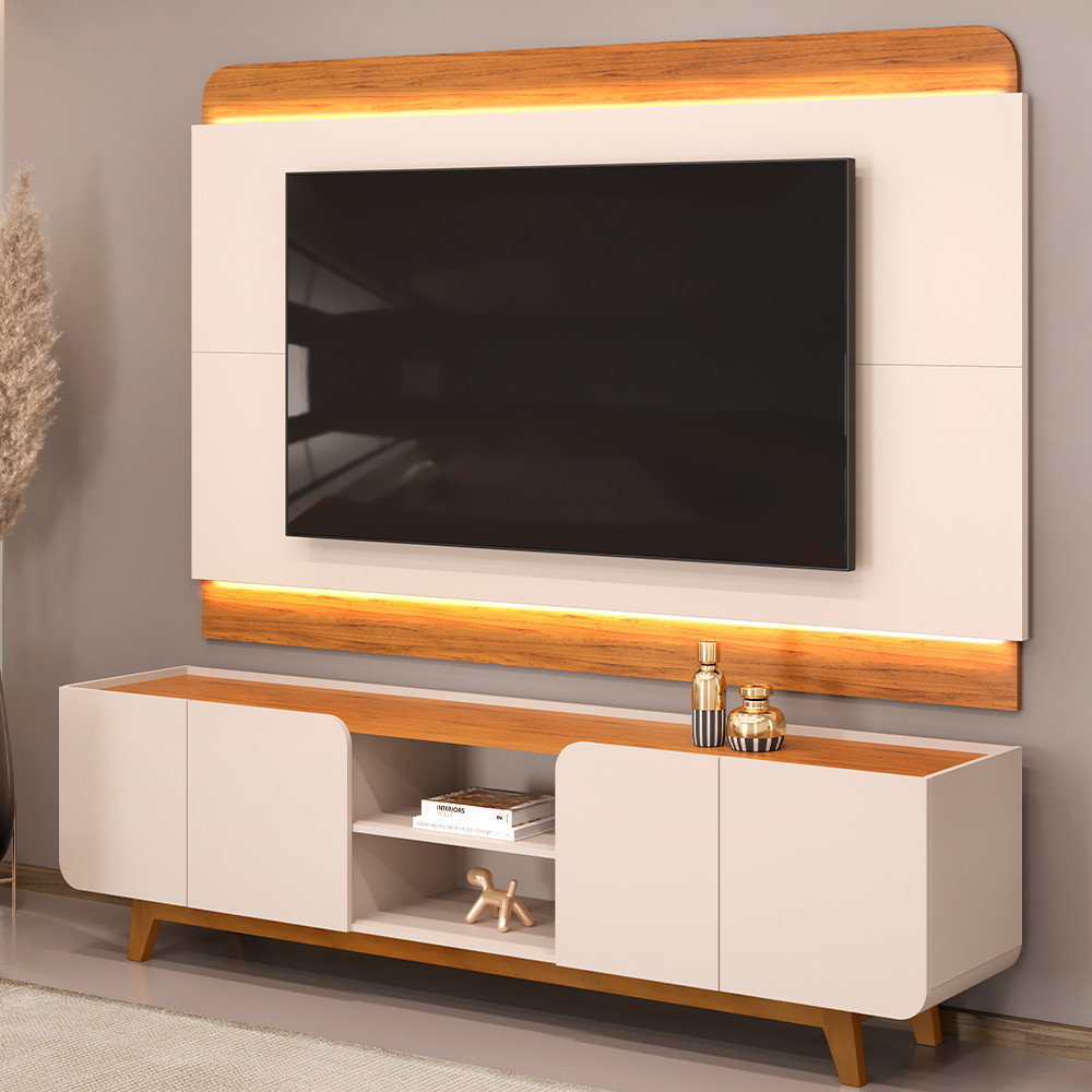 Rack Para Sala com Painel Para TV 75 Pol LED Cine D05 Off White Freijó - Lyam Decor em Oferta na Shopee