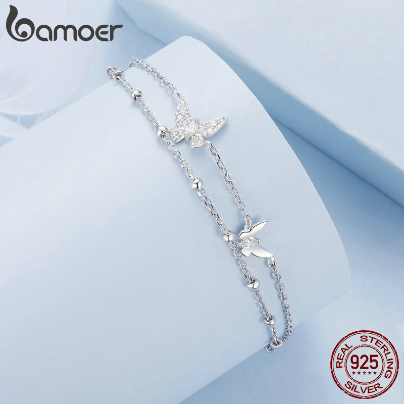 Pulseira Borboleta De Dupla Camada Bamoer 925 Sterling Sliver Bracelet Jóias Par