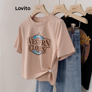 Lovito Camiseta Feminina Casual Com Estampa De Letras E Botões LNE49195