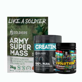 Kit: Hipercalórico Army Super Mass 3kg + Creatina 300g + Pré Treino Evolution Pré Workout 300g Soldiers Nutrition Força em Oferta na Shopee