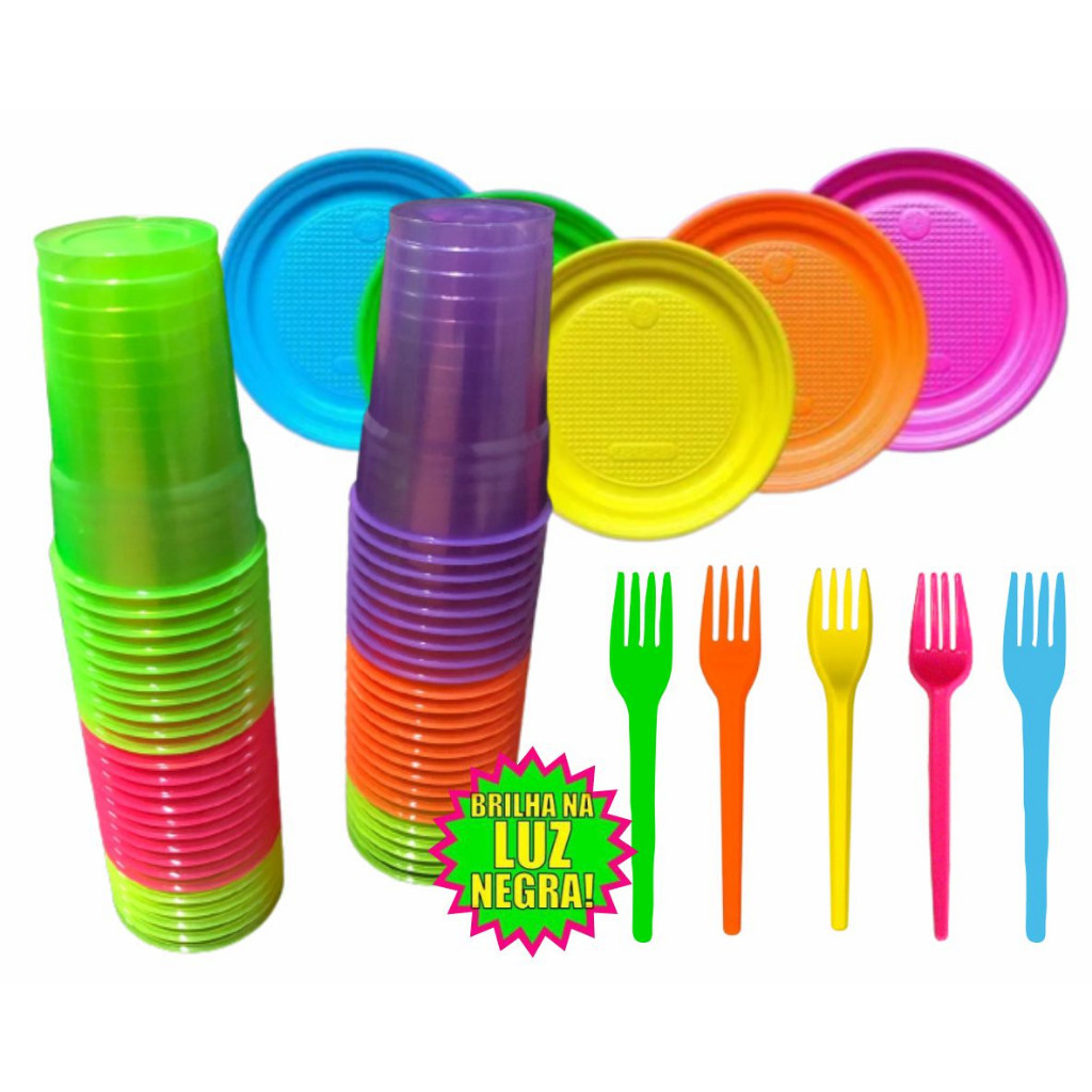100 Copos Neon + 100 Pratinhos + 100 Garfinhos Festa Neon em Oferta na Shopee