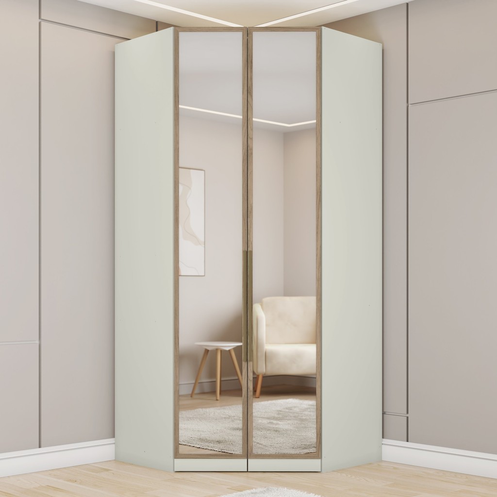 Guarda Roupa Canto Closet Modulado 2 Portas e 3 Gavetas com Espelho e Led   Areia HP/Jequitiba - Home & Living