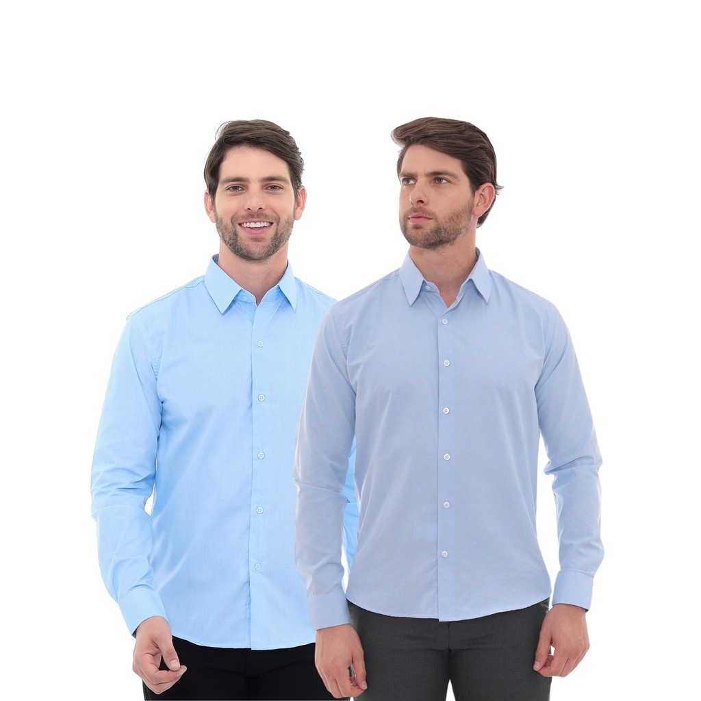 KIT Masculino 2 Peças - Camisa Social Premium Tipo Linho Azul Claro e  Camisa Social Slim Azul Bebê