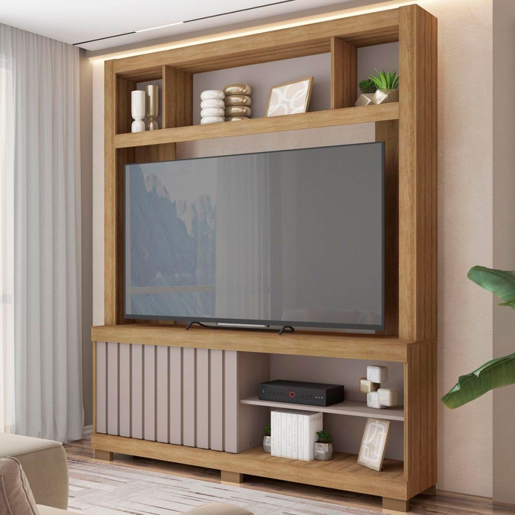 Estante para TV Até 55 Polegadas 1 Porta com Ripado Cinne Mel/Cacao - Caemmun em Oferta na Shopee