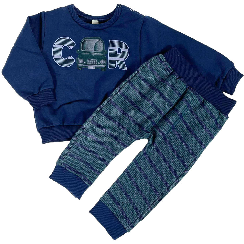 Conjunto longo Moletom bebê blusa marinho estampado carro e calça listrada