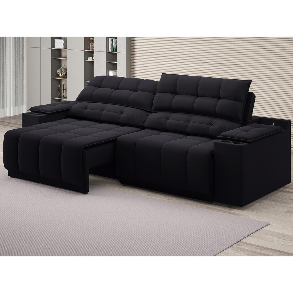 Sofá com Porta Copos Carregador USB Ret Rec Samurai 2,00m Velosuede Preto - NETSOFAS em Oferta na Shopee