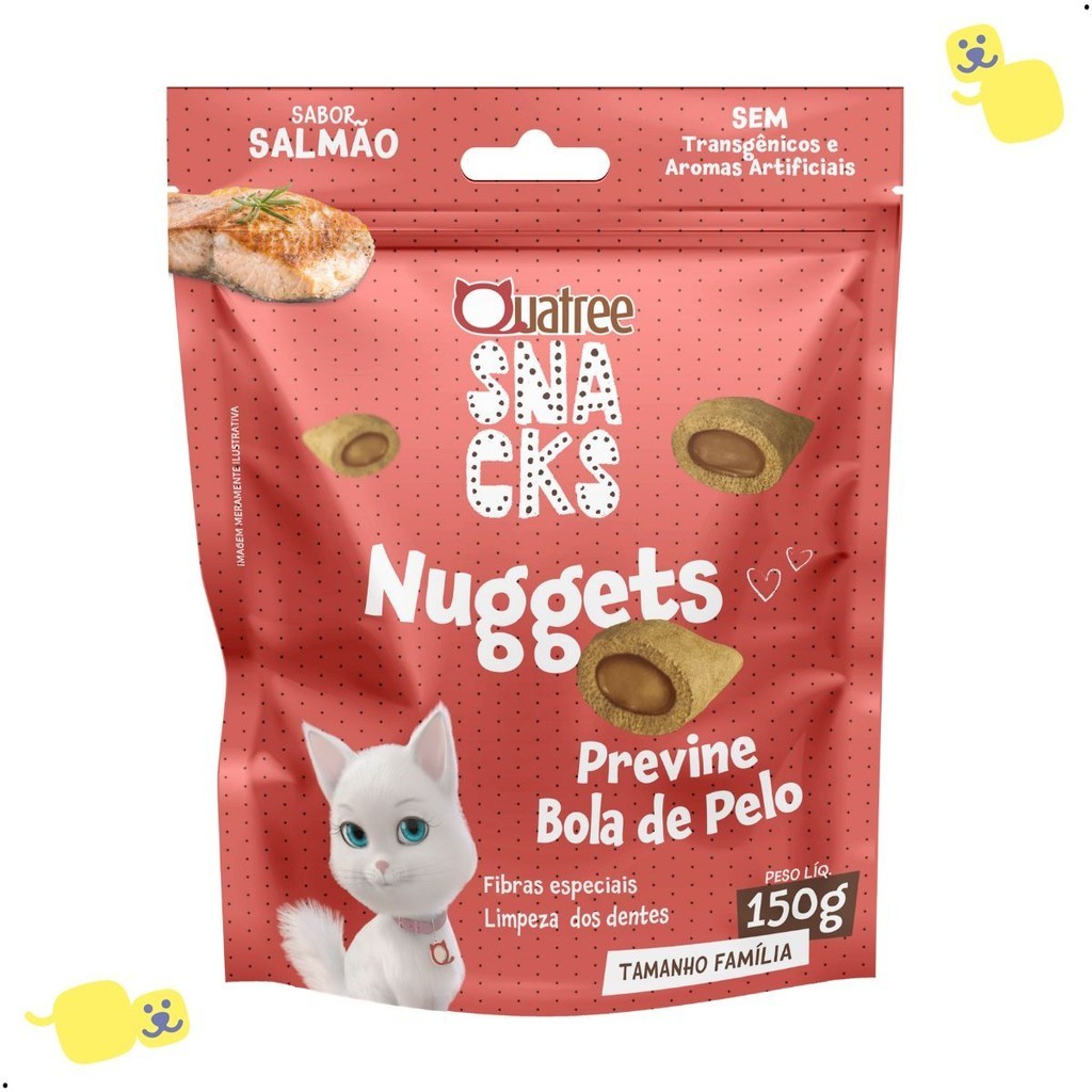 Nuggets Quatree Snacks Petisco Gatos Bola de Pelo Sabor Salmão 150g Proteína Bruta 22% Cat