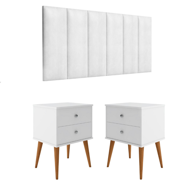 Conjunto quarto berlim 1,40 - Cabeceira Cama Casal 1,40 Com 2 Mesas de Cabeceira berlim branco