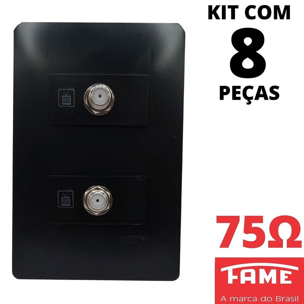 8un Tomada Para Antena De Tv Para Cabo Coaxial Dupla Com Placa Habitat Black Preto FAME