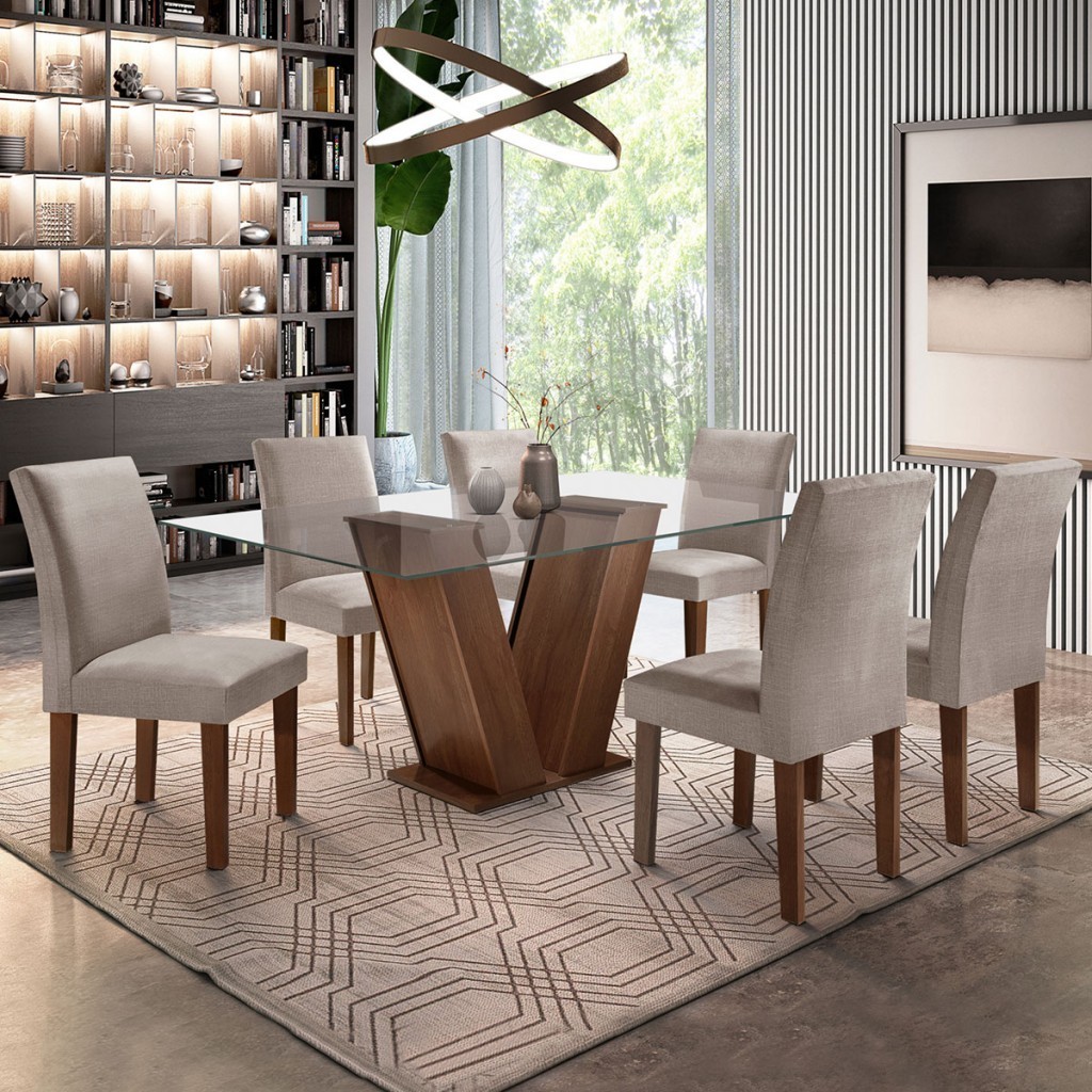 Mesa de Jantar 6 Lugares Classic com Vidro Chocolate/Linho Cinza - Cel Móveis em Oferta na Shopee