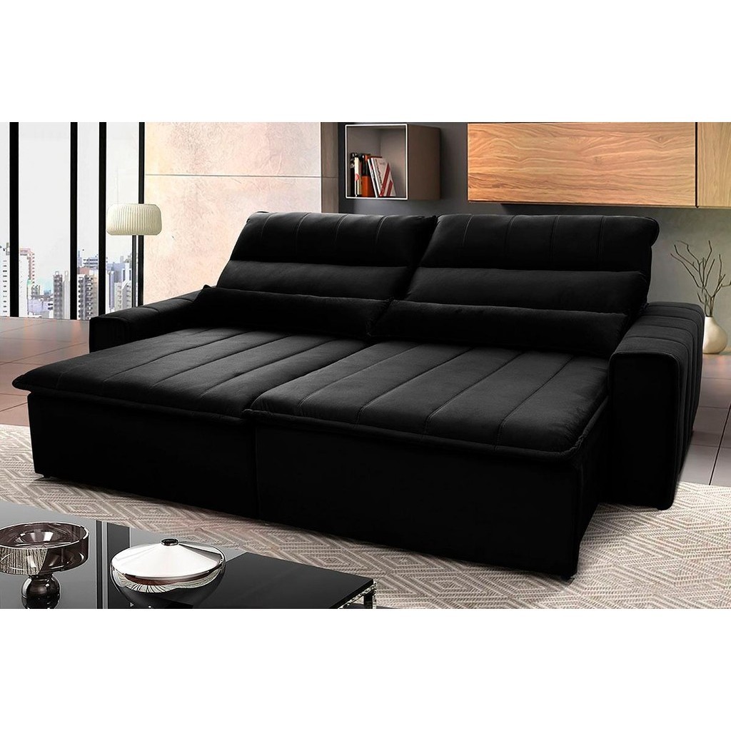 Sofá Retrátil Reclinável Patagônia 2,70m Suede Velut Preto Molas no Assento - King House