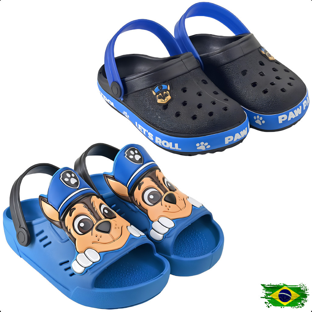 Kit Menino 2 Pares Patrulha Canina Babuche Casual + Sandália Papete Azul/Preto