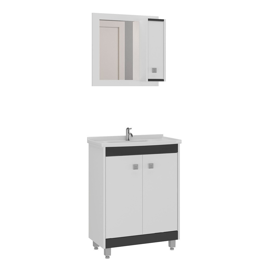 Detalhes do Armário Conjunto de Banheiro com Gabinete, Cuba e Espelheira 2 Portas Viena 60 cm Branco/Preto