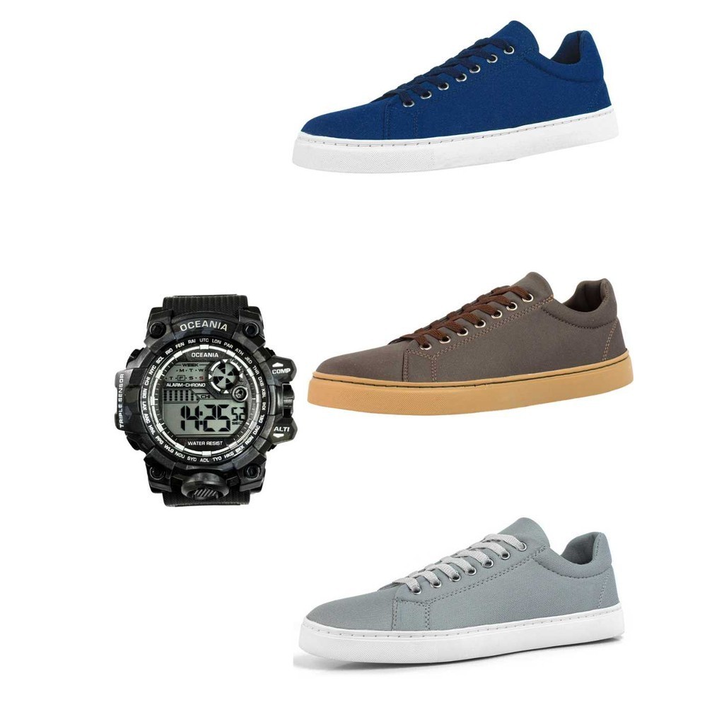Kit 3 Pares De Tênis Masculino  Casual Em Lona Cano Baixo +Relogio Digital-Estilo Sapatenis- Promoção.