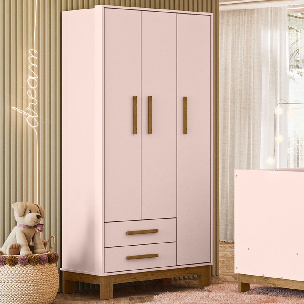 Guarda-Roupa Infantil Q Encanto 3 Portas 2 Gavetas Rosa - Qmovi em Oferta na Shopee