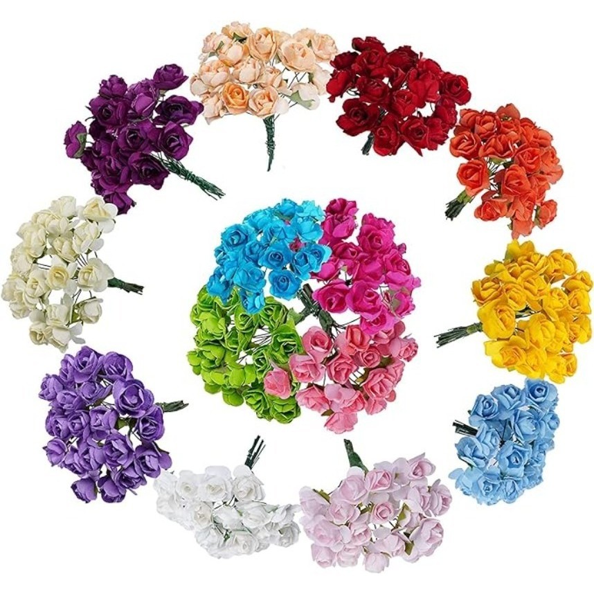 Mini Flores De Rosas Falsas 144pcs (12pcs/bouquet) Papel De Amora Artificial Com Haste De Arame Casamento Acessórios Fazem Clipes De Cabelo Nupcial Vestidos De Cabeça