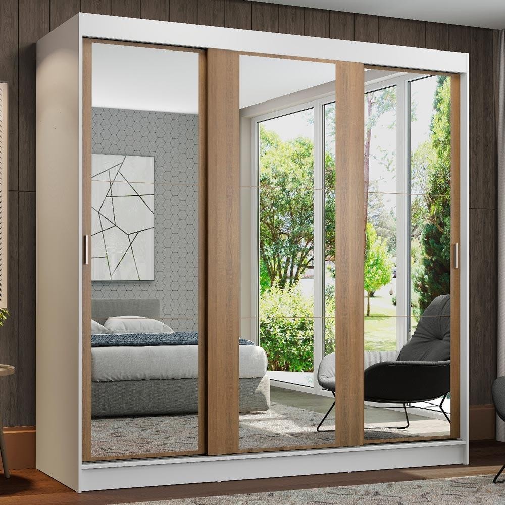 Guarda-Roupa Casal Madesa Reno 3 Portas de Correr de Espelho - Branco/Rustic em Oferta na Shopee