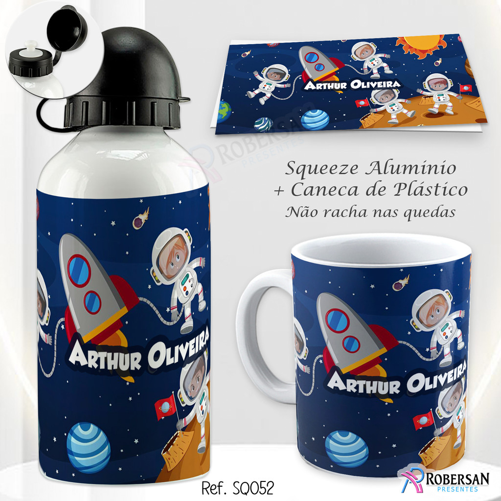 Kit Garrafinha de Água Infantil + Caneca de Plástico Personalizada com Nome Garrafa Squeez...