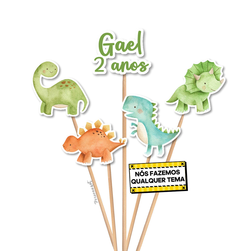 Topo de Bolo Aplique Tag Topper Topo Personalizado Dino Aquarelado Cute em Oferta na Shopee