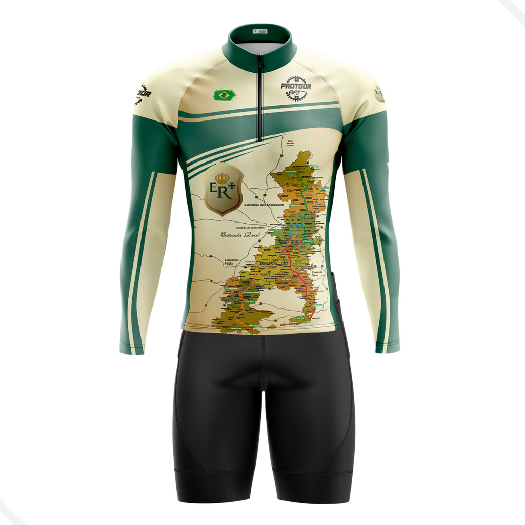 CONJUNTO CICLISMO MASCULINO BERMUDA E CAMISA MANGA LONGA ESTRADA REAL COM BOLSOS UV 50+