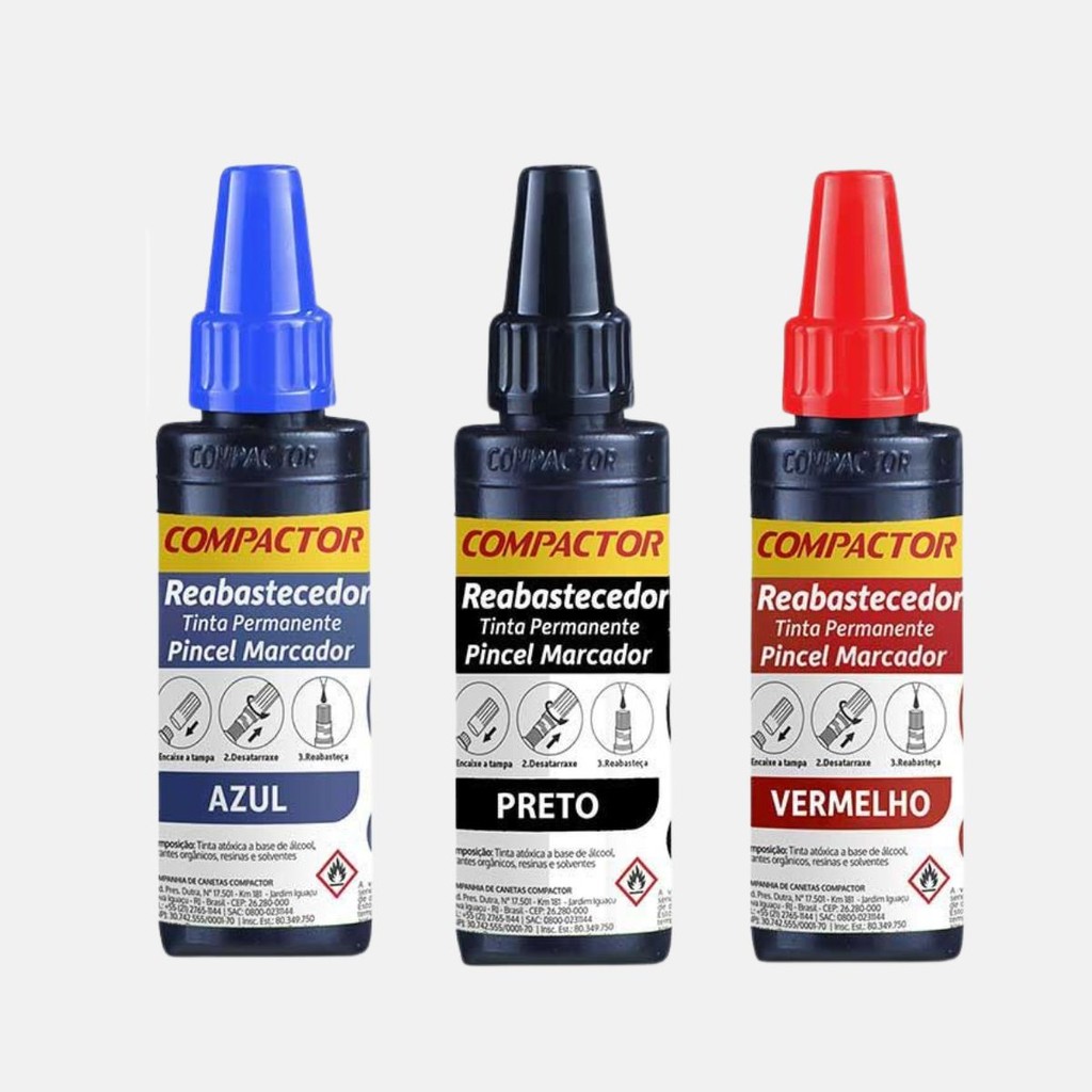 kit 3 Tintas Reabastecedoras Para Pincel marcador permanente multiuso e cartaz vermelho,preto e azul em Oferta na Shopee