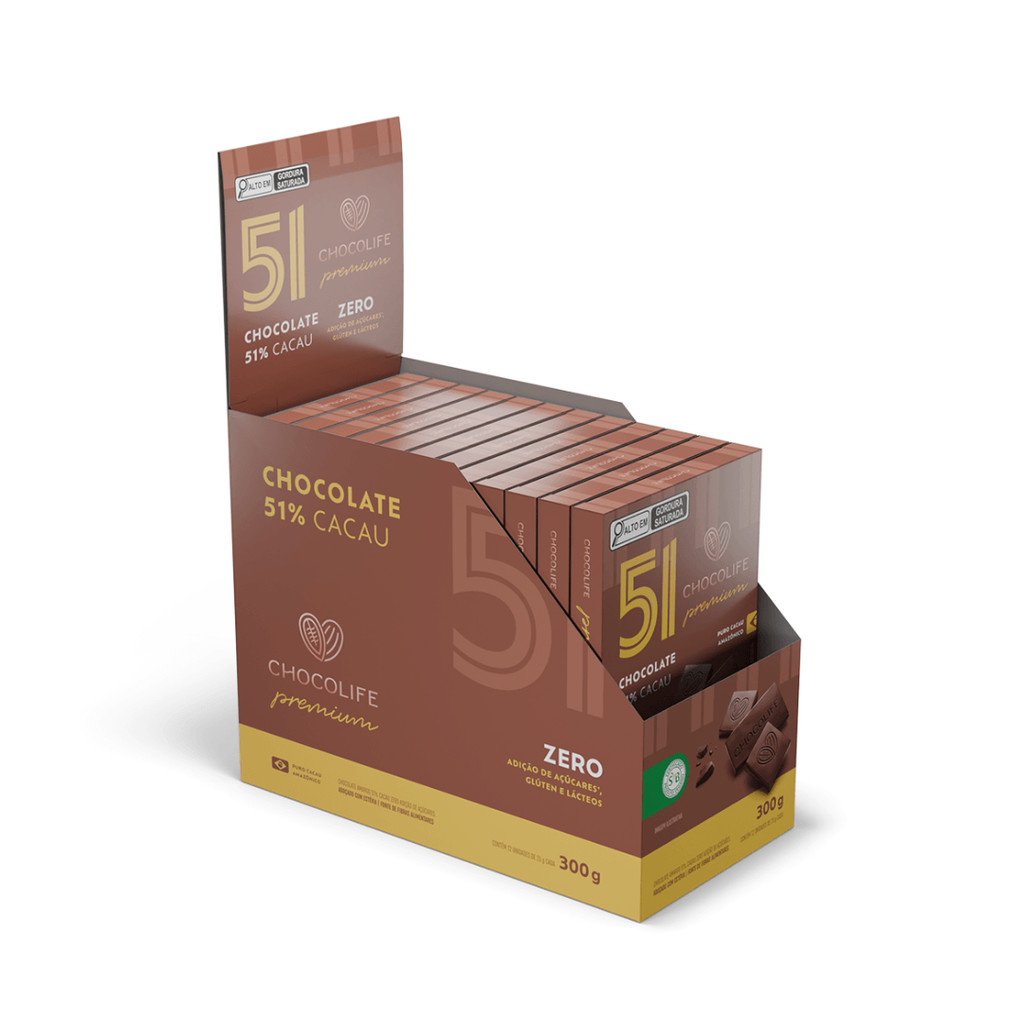 Caixa Tablete Chocolate 51% Cacau Zero Açúcar 300g Chocolife