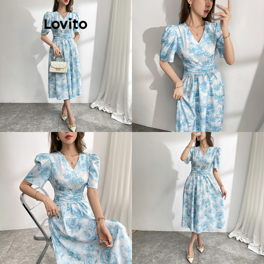 Lovito Vestido elegante floral com amarração frontal para mulheres L109MD357 - Women Clothes