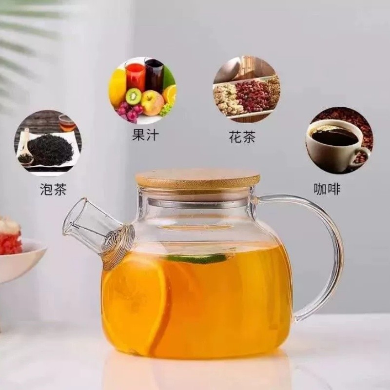 Chaleira de Vidro Tampa de Bambu Jarra Bule infusor Resistente a Calor Borossilicato 1.5L