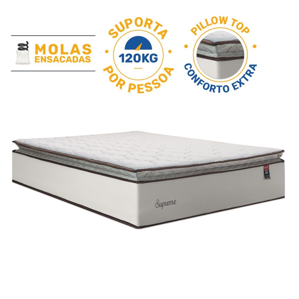 Colchão de Molas Ensacadas Pillow Top Supreme Lux Queen 158cm em Oferta na Shopee