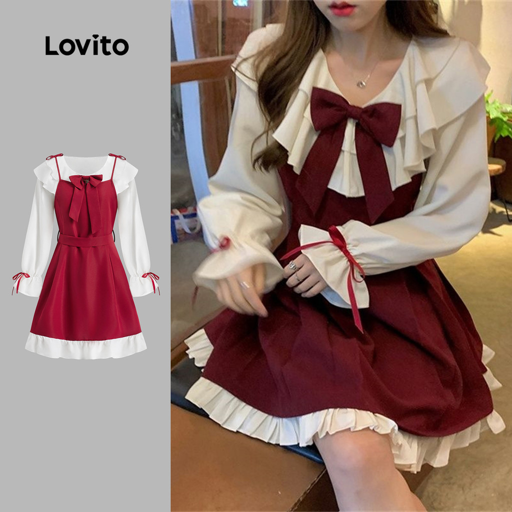 Vestido Fofo Patchwork Laço Babado Bainha Evasê Vestido De Festa De Natal Para Mulheres LNA43050