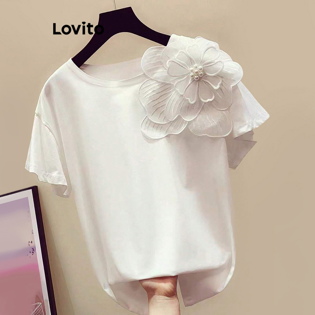 Lovito Camiseta feminina Casual Plus Size com apliques lisos  LBL21090 - Women Clothes