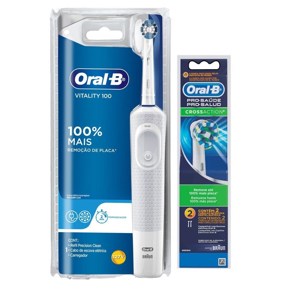 Kit Escova Elétrica Oral-B Vitality D12 110v + Refil Cross Action - 2 unidades em Oferta na Shopee