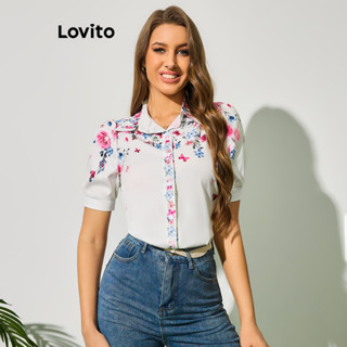 Lovito Casual Blusa Feminina Floral com Costura no Tecido e Botão Enfeitado LBL09013