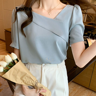 Lovito Elegante Blusa Feminina Lisa Assimétrica LNE40251