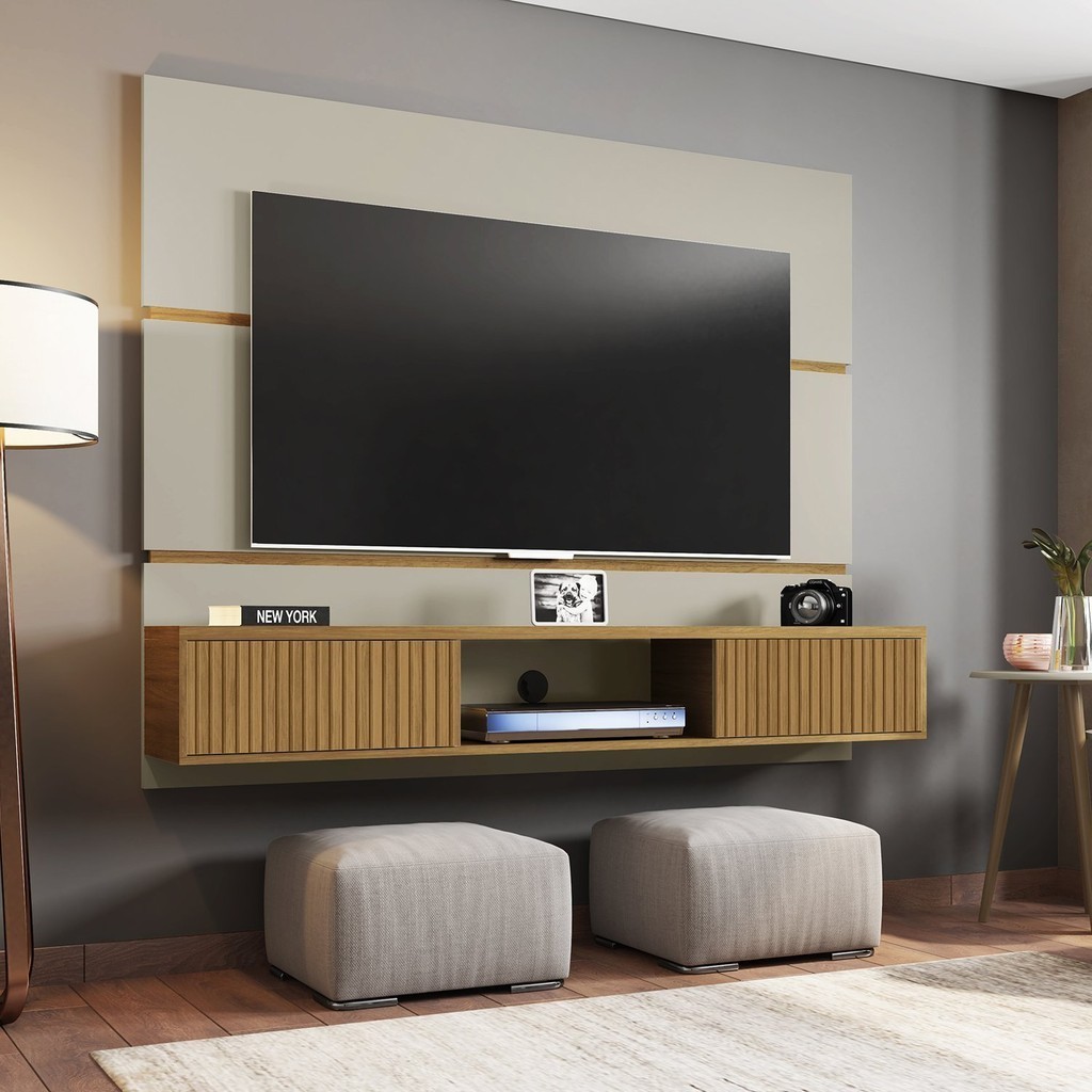Painel para Tv até 65 Polegadas 2 Portas Âmbar Off White/Cinamomo/Ripado - Home & Living