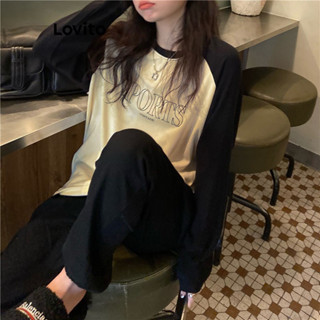 Lovito Casual Conjuntos de Pijama Raglan com Letras e Blocos de Cores para Mulheres LNA18009 (Preto e Branco)