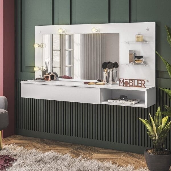Penteadeira Camarim com Espelho Suspensa 1 Gaveta Lumiere Branco Fosco Liso em Oferta na Shopee