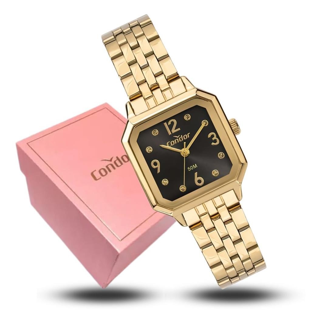 Relógio Condor Feminino Quadrado Dourado Analógico Original