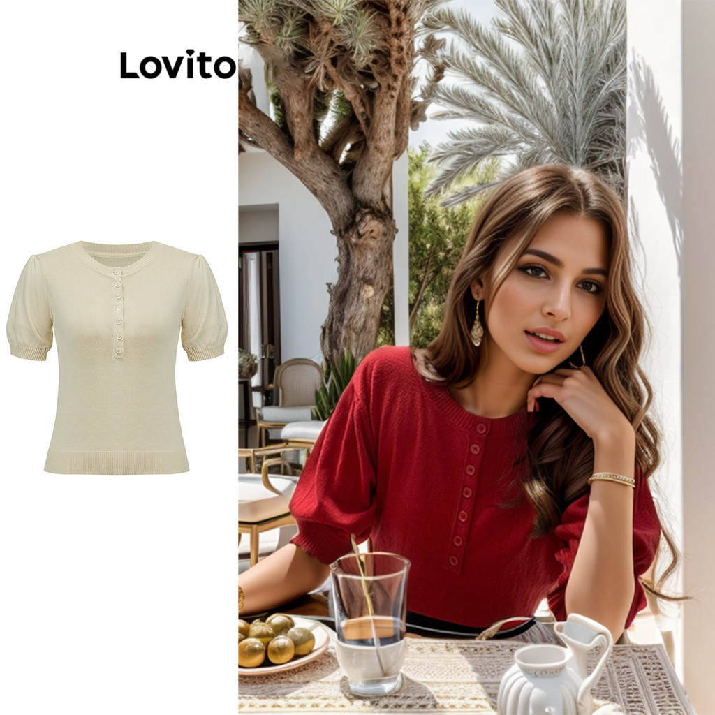 Lovito Blusa de Tricô com Mangas Bufantes e Botões Frontais Simples Elegante para Mulheres LNE10049 
 (Multicolorido)