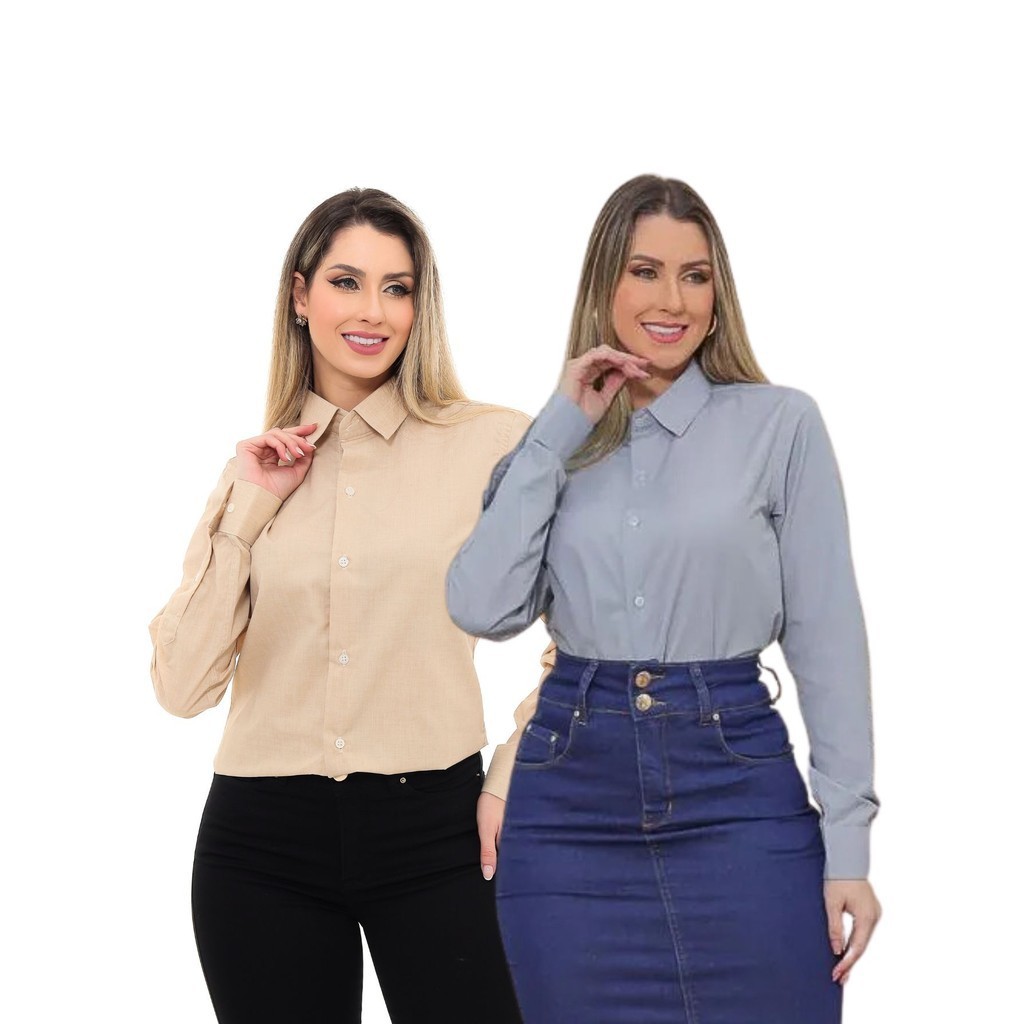 KIT Feminino 2 Peças - Camisa Social Premium Tipo Linho Bege e  Camisa Social Slim Cinza