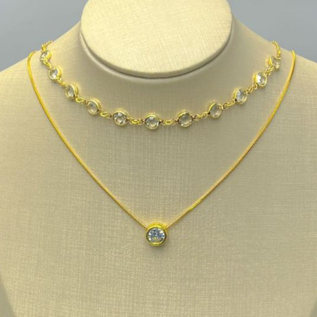 KIT 2 Choker Colar dePEDRAS CRISTAIS + Colar Ponto De Luz banhado a prata a ouro 18K em Oferta na Shopee