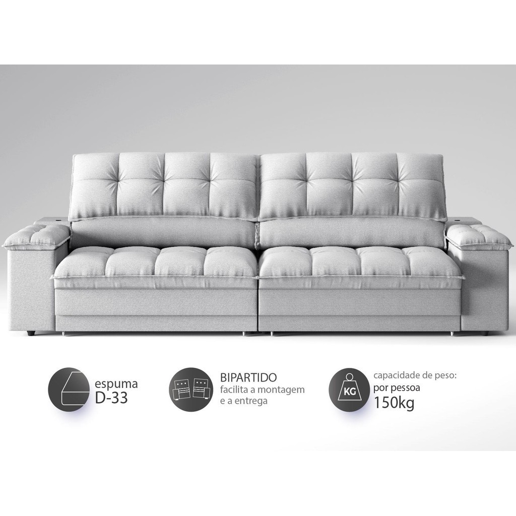 Sofá com Porta Copos e Carregador USB Ret Rec Luke 2,90m Linho Soft Prata - NETSOFAS · foto 2