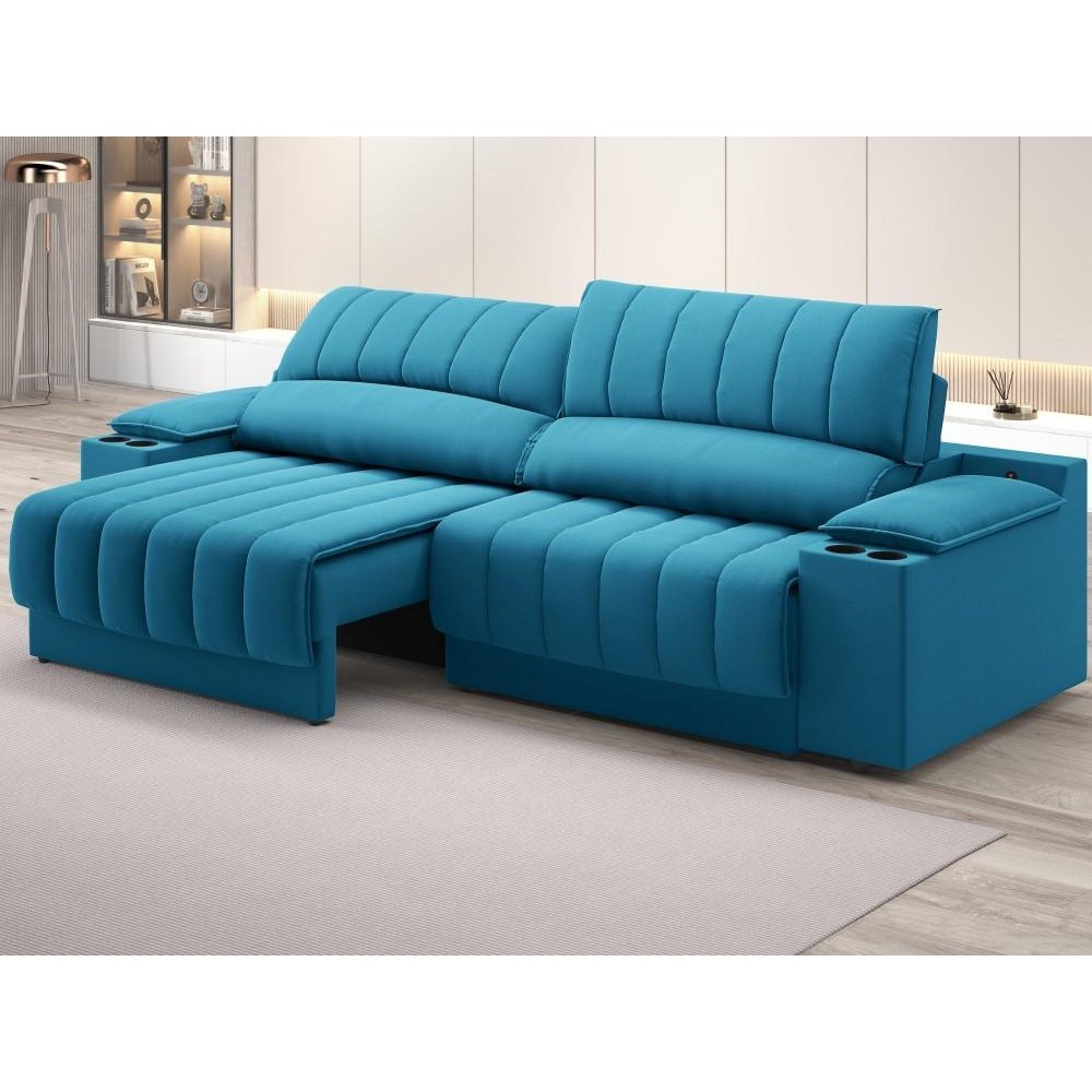 Sofá com Porta Copos Carregador USB Ret Rec Murano 2,00m Velosuede Royal - NETSOFAS - Home & Living