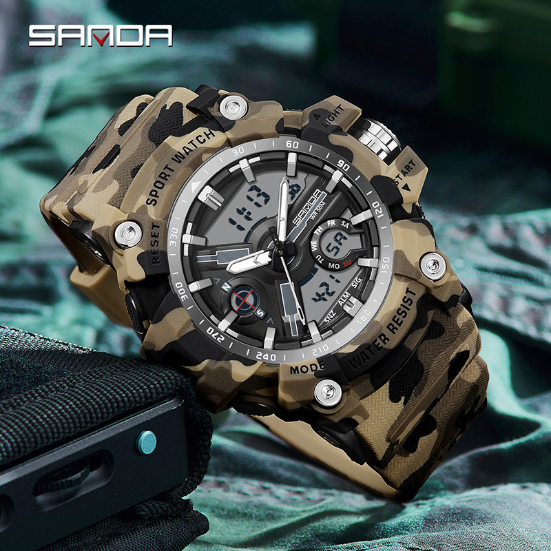 Sanda Fashion City Esportes Ao Ar Livre À Prova D'água Camo Militar Multi Funcional Relógio Masculino SD3355-3
