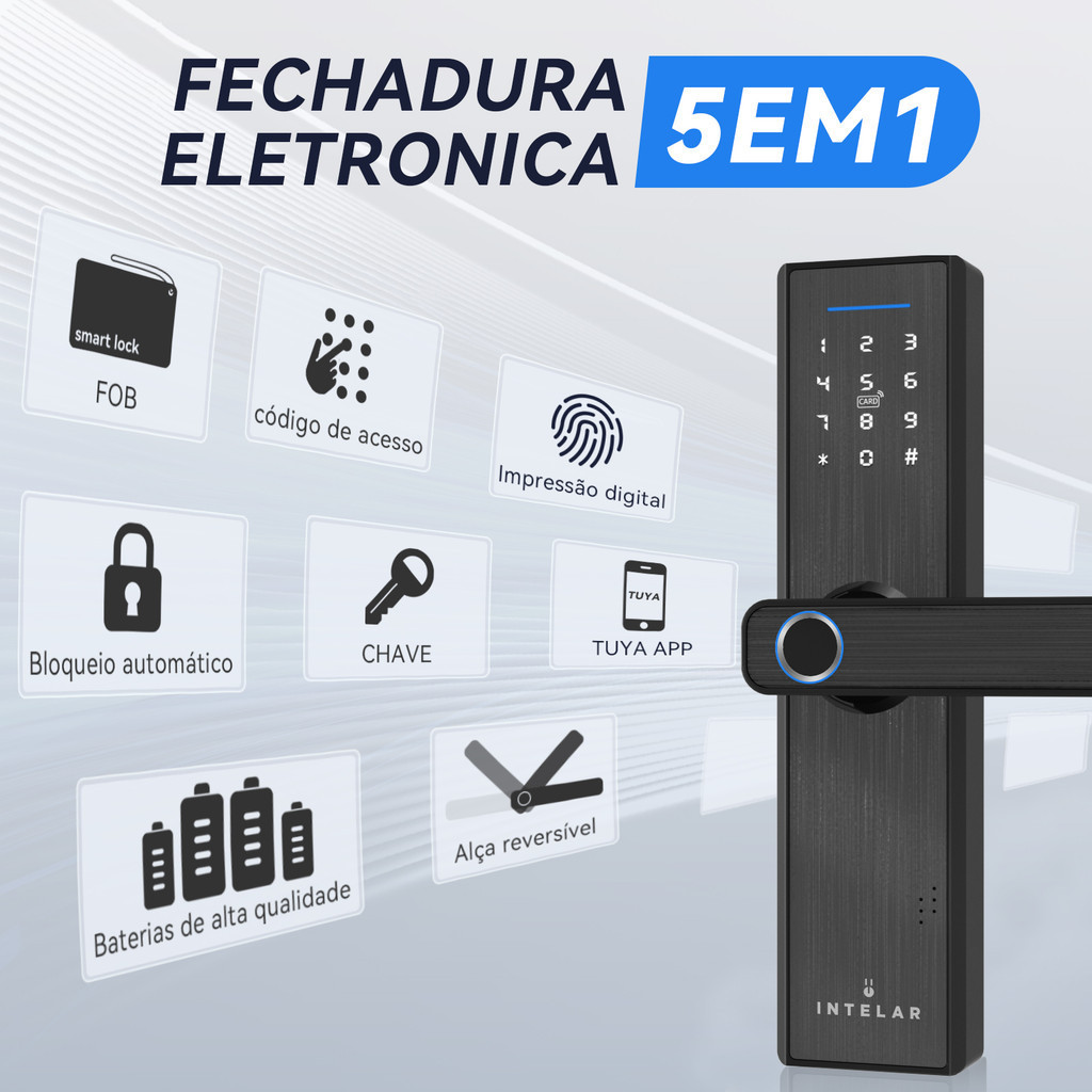 Detalhes do X1 Tuya Wifi Eletrônica Fechadura de porta inteligente com impressão digital biométrica / Smart Card / Senha / Desbloqueio de chaves / Carga de emergência USB suporta a voz do sistema em português Liga de Alumnio Material Compatibilidade Android e iOS